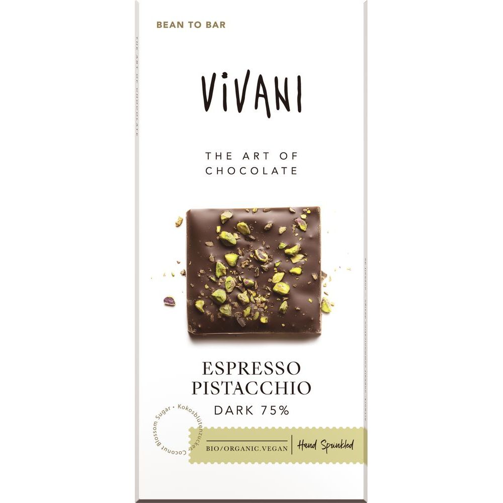 Vivani Chocolade puur 75% espresso pistacchio bio 80 gram
