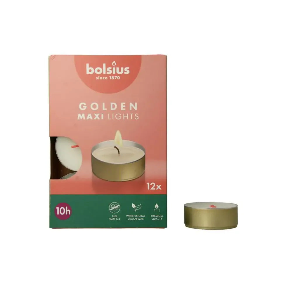 Bolsius Maxi lichten 10uur wit met gouden cup 12 stuks