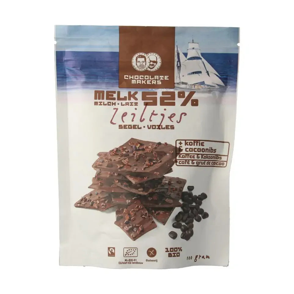 Chocolatemakers Chocozeiltjes donkere melk 52% koffie & nibs
