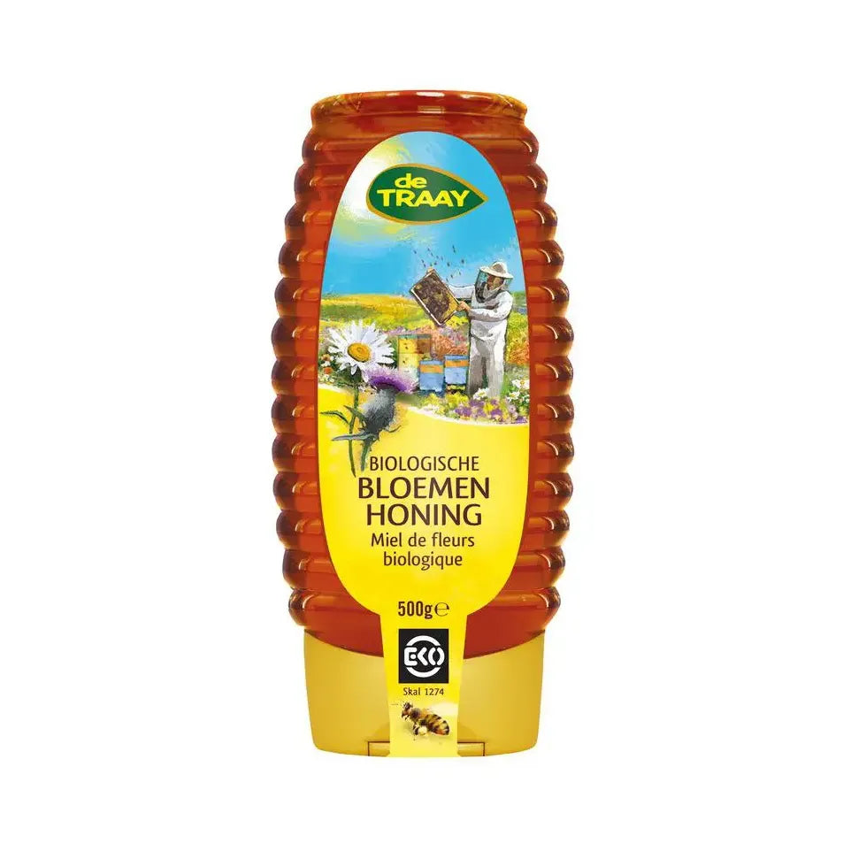 De Traay Bloemenhoning vloeibaar knijpfles biologisch 500 gram