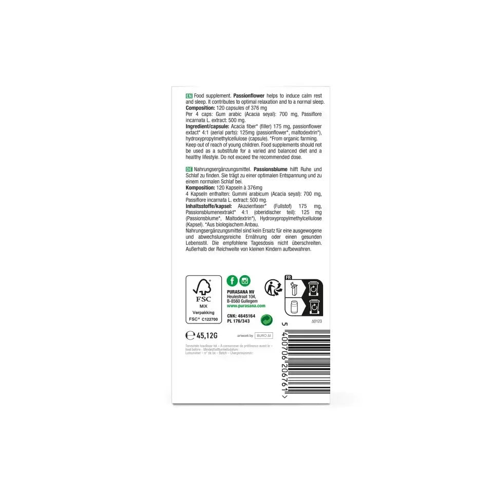 Purasana Passiebloem bio 125 mg 120 vcaps