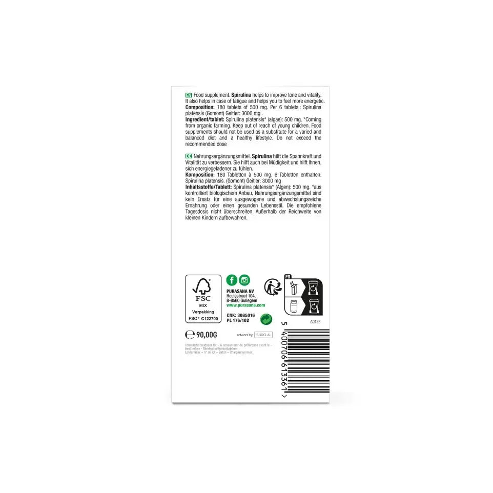 Purasana Spirulina 180 tabletten (afbeelding 4)