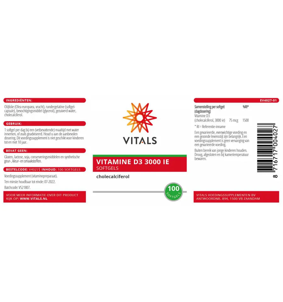 Vitals Vitamine D3 75 mcg 100 softgels (afbeelding 4)